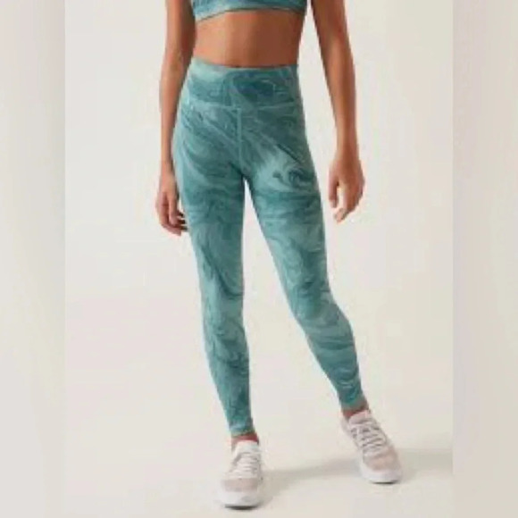 Athleta Girl High Rise Printed Chit Chat Tight Leggings SZ Large in green teal - Picture 1 of 12
